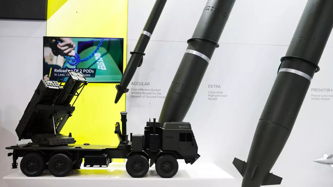 A PULS multiple rocket launcher miniature and artillery rockets by Israeli Elbit Systems is exhibited at the DEFEA Defence Exhibition, in Athens, Greece, May 8, 2025. Reuters/Louiza Vradi