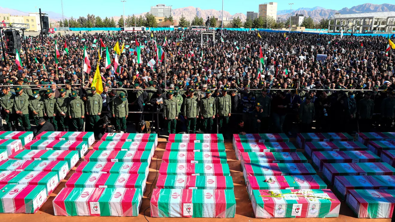 People attend the funeral ceremony of the casualties of the Islamic State attack in Kerman, Iran, January 5, 2024. Iran's Presidency/WANA (West Asia News Agency)