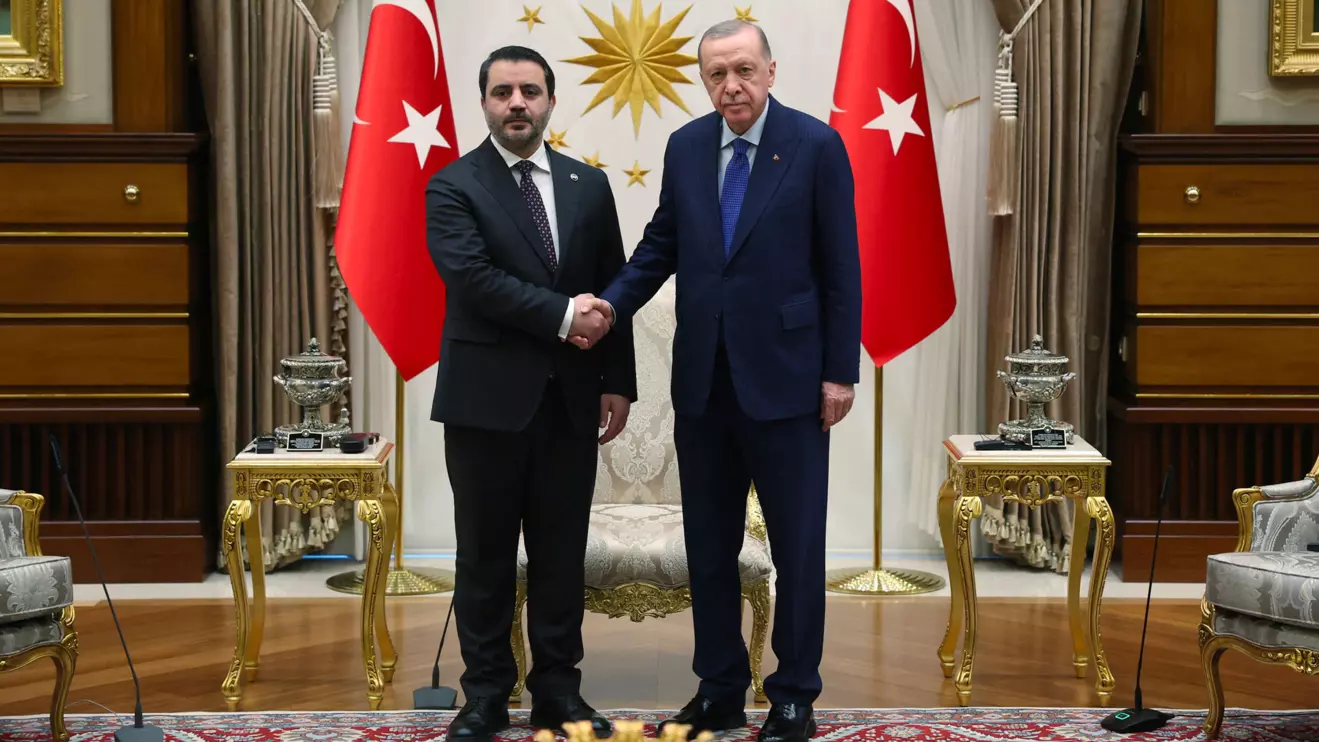 Turkish President Tayyip Erdogan meets with Syria's Foreign Minister Asaad Hassan al-Shibani at the Presidential Palace in Ankara, Turkey, January 15, 2025. Mustafa Kamaci/Presidential Press Office