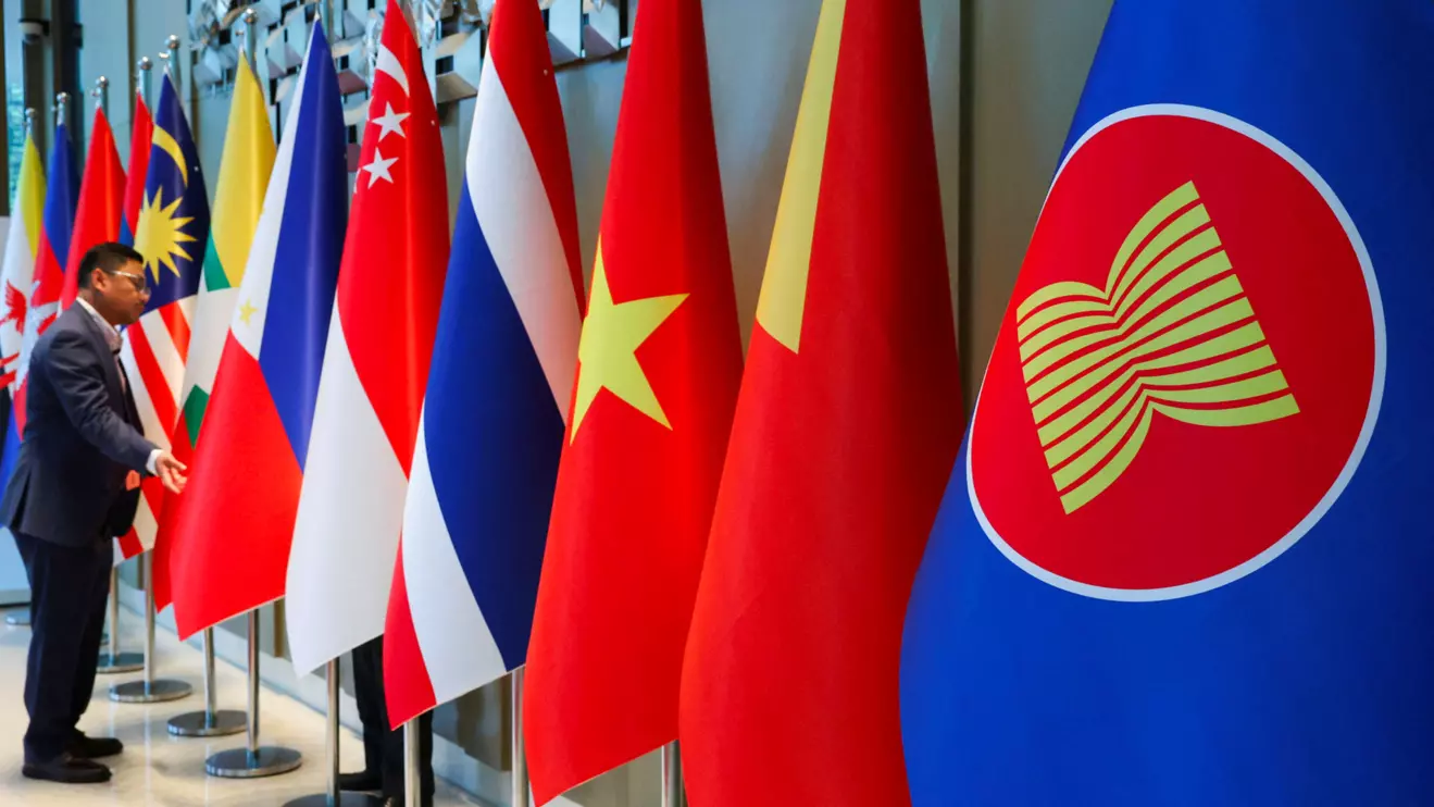 The ASEAN flag is placed alongside the flags of its member countries ahead of the ASEAN Foreign Ministers' Retreat in Langkawi, Malaysia January 17, 2025. Reuters/Hasnoor Hussain