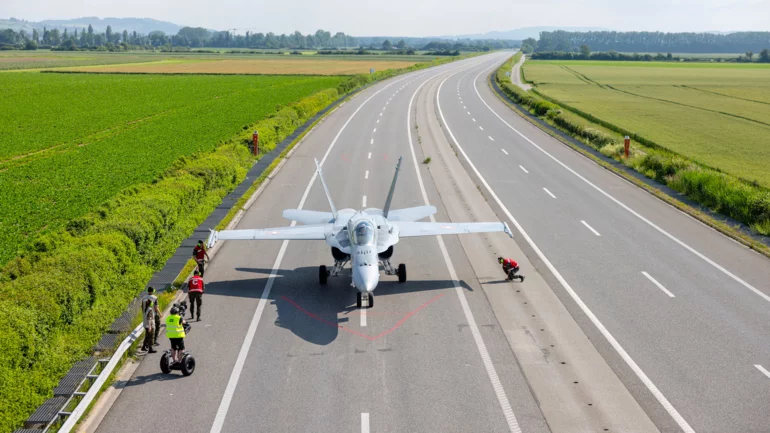 Swiss air force lands fighter planes on motorway in training exercise